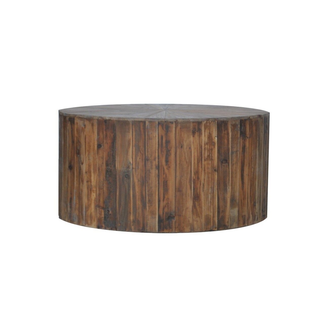 Saltoro Sherpi 36 Inch Round Drum Coffee Table, Classic Plank Design, Rustic Brown Wood-